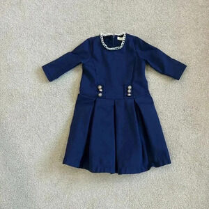 Goldy Belle Navy Blue Crochet Trim Long Sleeve Pleated Dress Girls Size XS